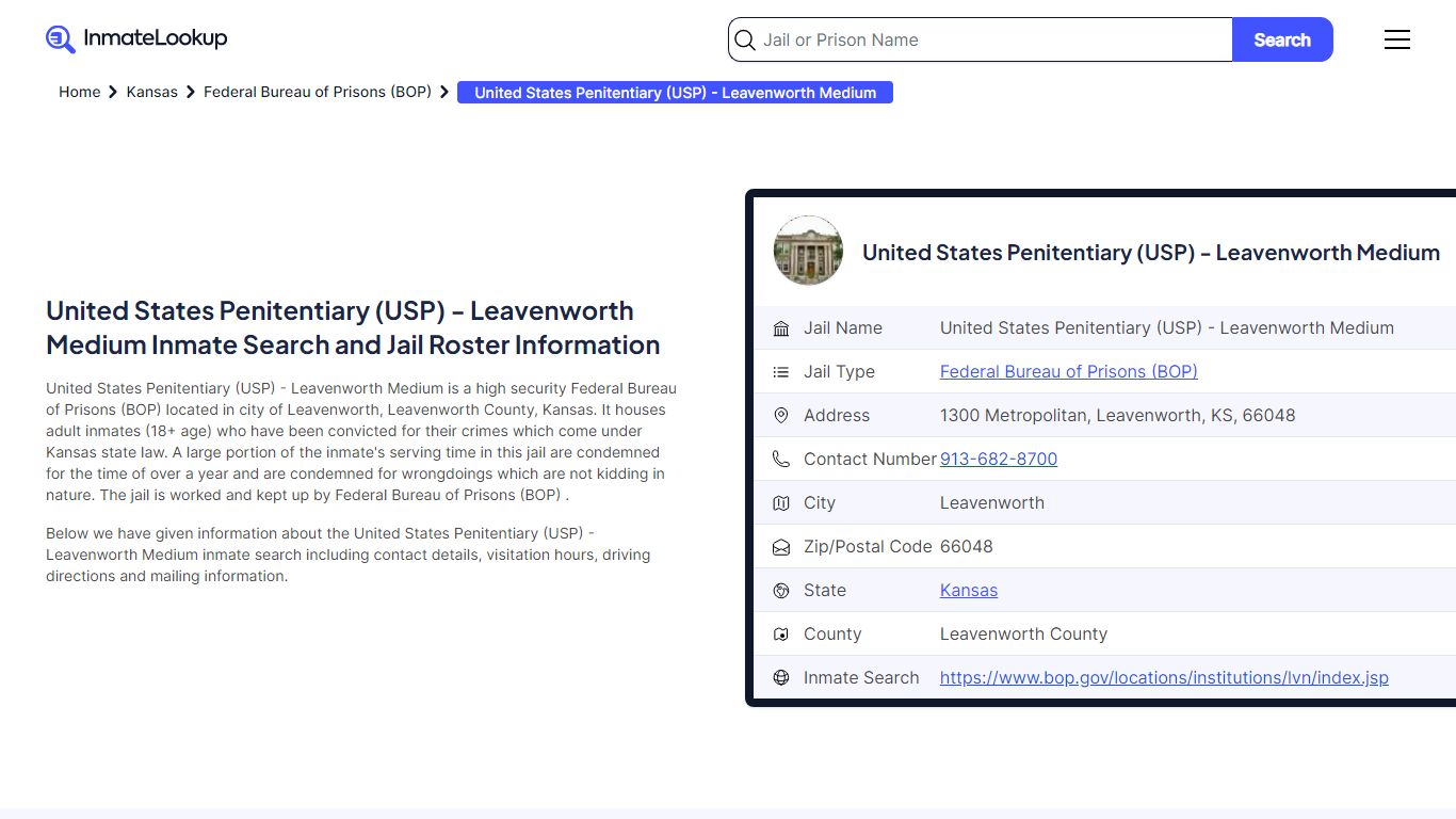 United States Penitentiary (USP) - Leavenworth Medium Inmate Search ...