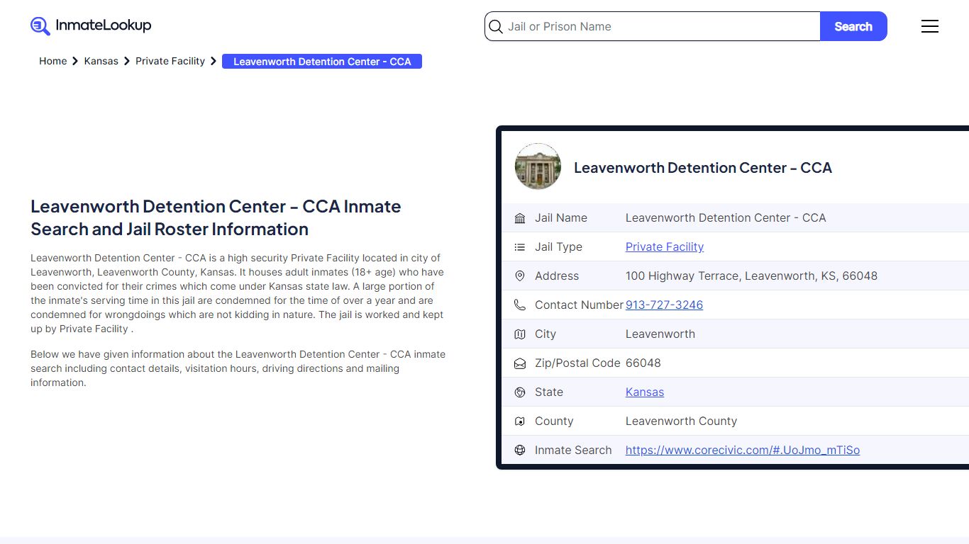 Leavenworth Detention Center - CCA Inmate Search - Leavenworth Kansas ...